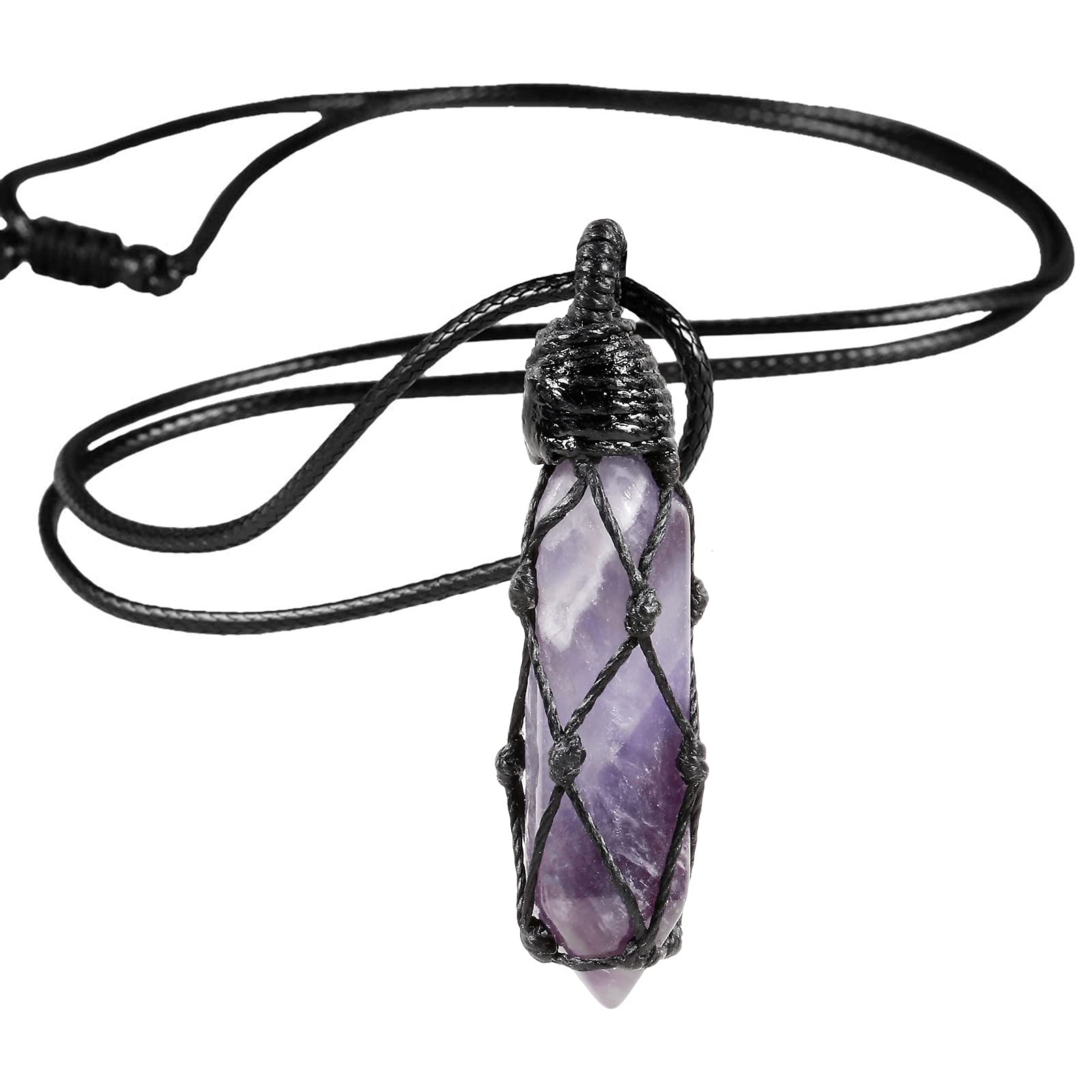 Nupuyai Amethyst Hexagonal Quartz Crystal Point Pendant Necklace for Women Men, Natural Wrapped Stone Pendulum Pendant with Adjustable Rope 65cm