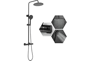 ROVATE Thermostatic Shower Faucet Set Matte Black, Anti Scald Rainfall-Shower with 9.6-inch Showerhead, Bathroom Shower Syste