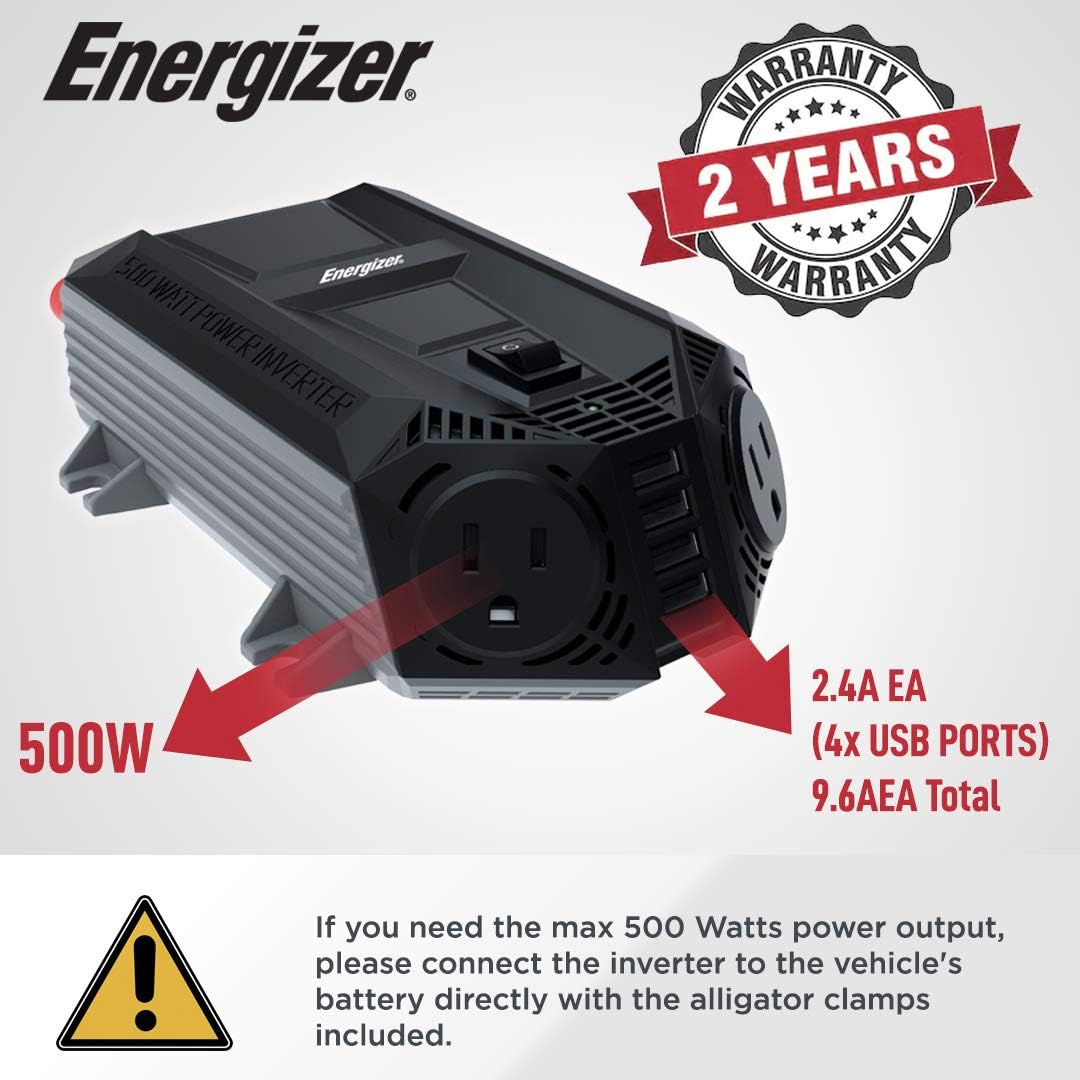 Energizer 500 Watts Power Inverter w/ 48 Watts USB Ports, Modified Sine Wave Car Inverter, DC to AC Converter with Dual 110 Volts AC Outlets and 4 USB Ports 2.4A ea - METLab Approved Under UL Std 458: Car Electronics