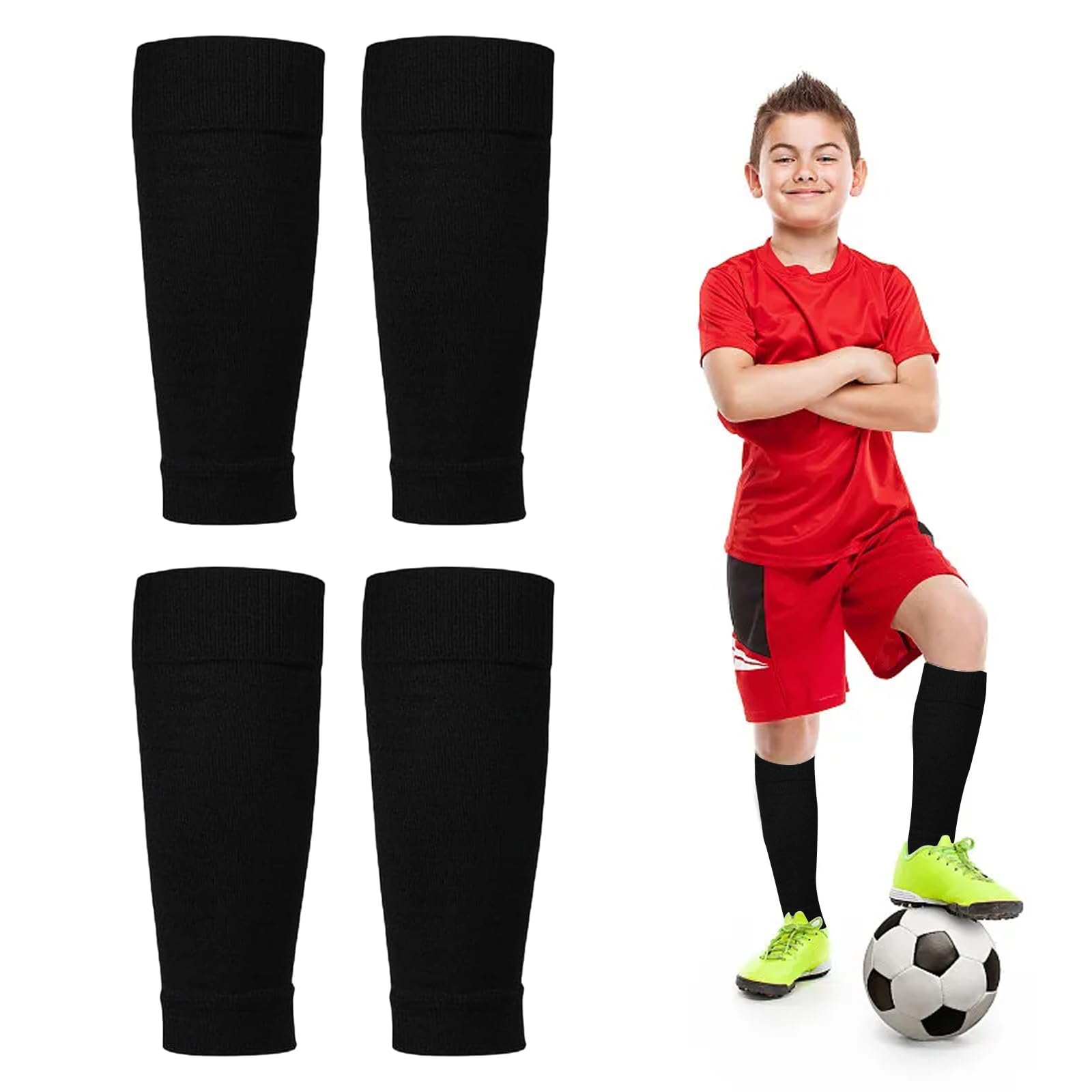 2-Pair Black Kids' Leg Sleeves with Shin Guard for Team Sports and Beginners