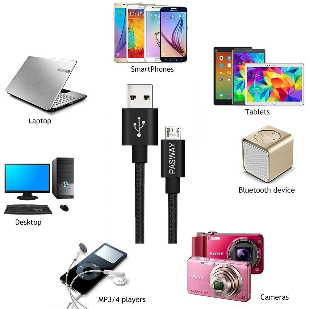 pasway 3Pack (3ft/1m 6ft/2m 10ft/3m) Micro USB Cable Nylon Braided Sync Charging Cord Wire Universal for Samsung, HTC, Motorola, Nokia, Android, and More Smartphone & Tablets (Black)