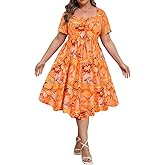 RITERA Plus Size Dresses for Curvy Women Boho Summer Midi Dress Sweetheart Neck Short Sleeve Dresses Empire Waist with Pocket