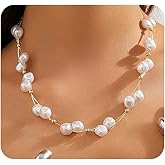 Chunky Big Pearl OT Buckle Necklace for Women,Bohemian Irregular Baroque Pearl Pendant Choker,Trendy Dainty Statement Jewelry Accessories Gift