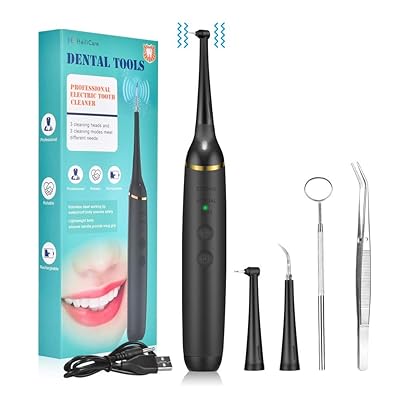 Electric Dental Calculus Remover with LED, HailiCare Tooth Tartar Scraper Stains Plaque Remover with 3 Replaceable Clean Heads, 3 Adjustable Modes, Mouth Mirror - Teeth Cleaning Tools Powered by USB