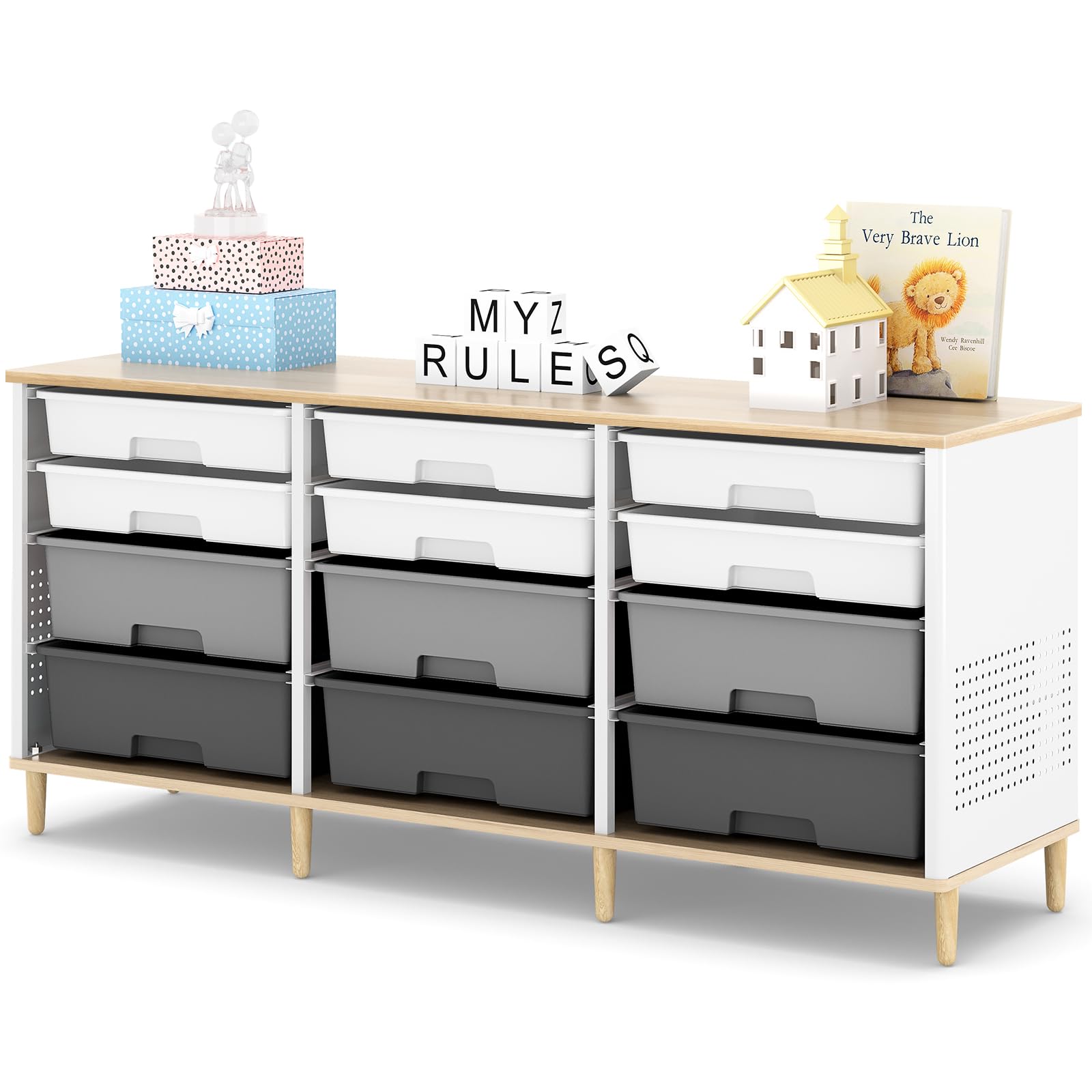 Photo 1 of ** sold as is, no refund/return** see comments!
12 Drawers Storage Cabinet with Wooden Top and Plastic Bins, Toy Storage Organizer Toy Shelf Storage Chest Cubby Organizer for Home, Office, Playroom, Classroom & Craft Room Storage (Gradient Grey)1069131913
