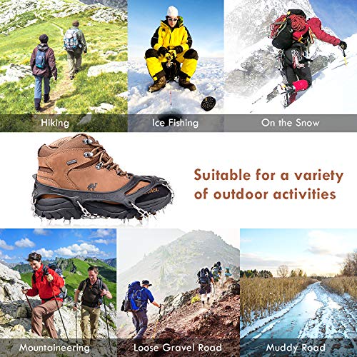 Ice Snow Grips Crampons,TURNRAISE Traction Cleats with 19 Spikes System Safe Protect for Walking, Ice Fishing, Climbing and Hiking on Snow and Ice (X-Large)