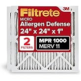 Filtrete 24x24x1 AC Furnace Air Filter, MERV 11, MPR 1000, Micro Allergen Defense, 3-Month Pleated 1-Inch Electrostatic Air Cleaning Filter, 2 Pack (Actual Size 23.81 x 23.81 x 0.81 in)