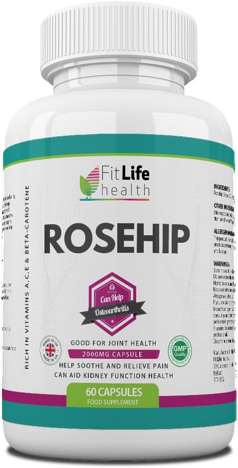 Rosehip Joint Health Extract by Fit Life Health - Rich in Vitamins A, C, E and Beta-Carotene - Helps Relieve Joint Pain - Supports Kidney Function - High Strength 2,000mg - 60 Capsules - Made in UK