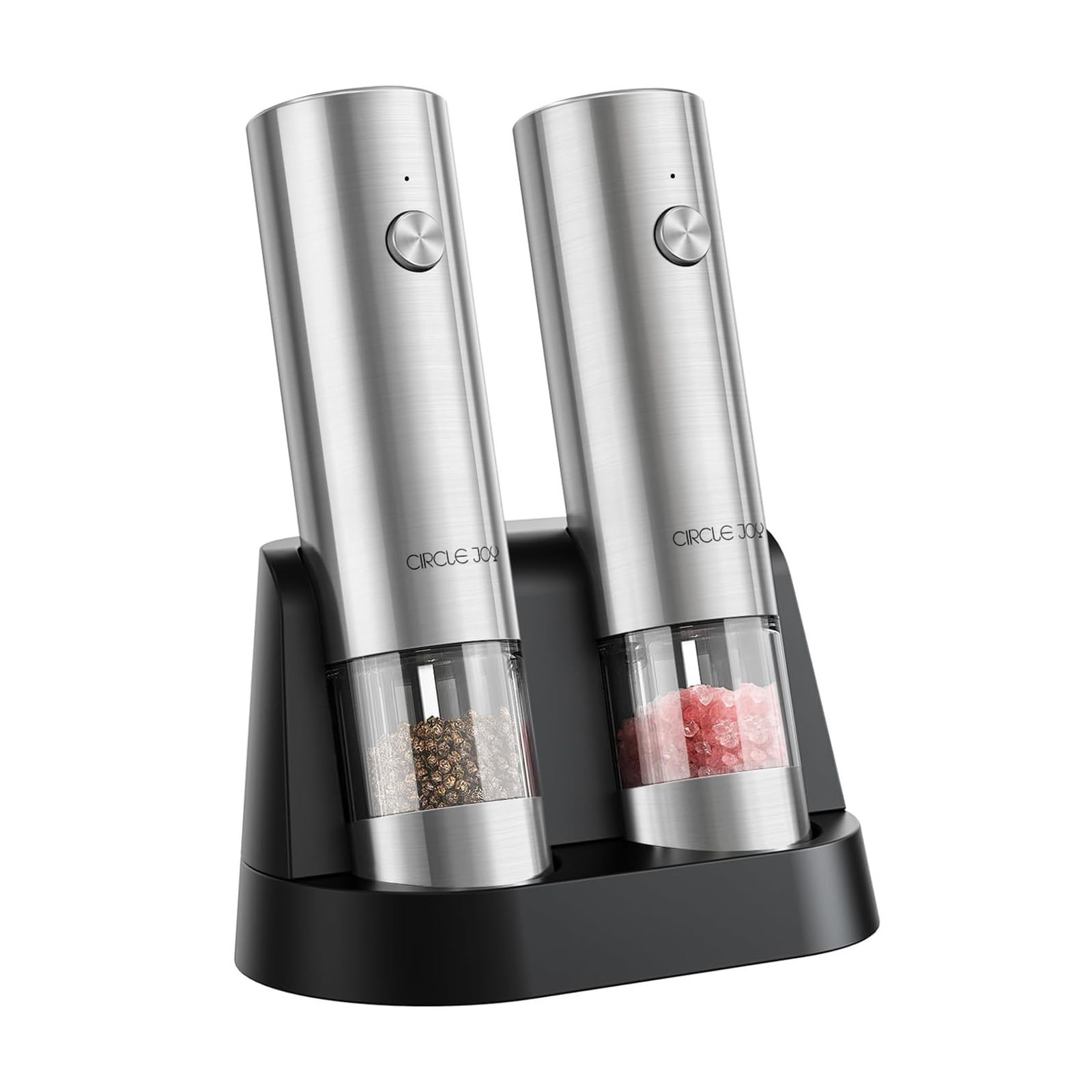 Photo 1 of **************missing part on one grinder**************
CIRCLE JOY Electric Salt and Pepper Grinder Set Stainless Steel Spice Grinder Automatic Pepper Mills with Easy-to-Carry Dual Charging Station, White Led Light, and Adjustable Coarseness, Silver