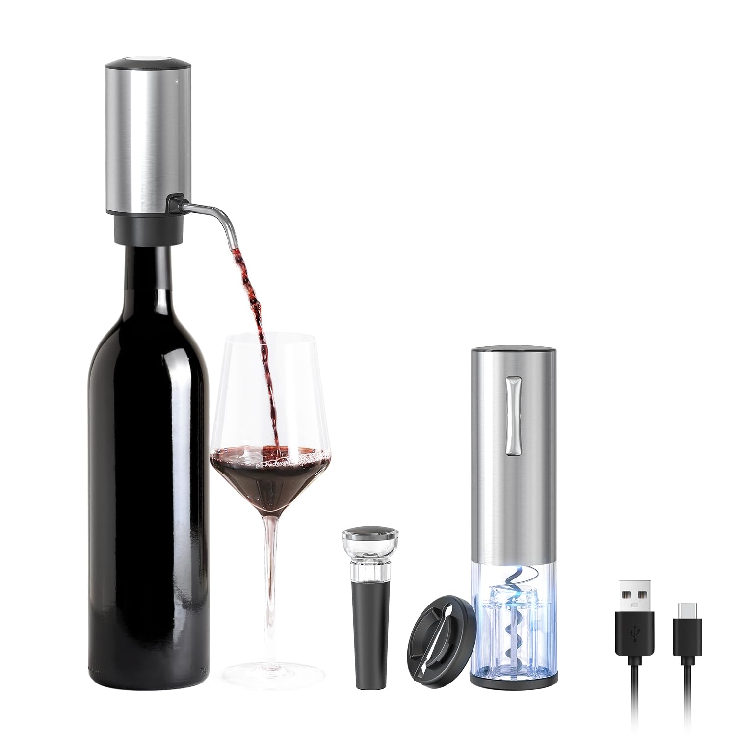 ELMWAY VinoLux Series 4-in-1 Electric Wine Set – Compact Rechargeable Corkscrew with Foil Cutter & Rechargeable Electric Wine Aerator Pourer and Vacuum Stopper