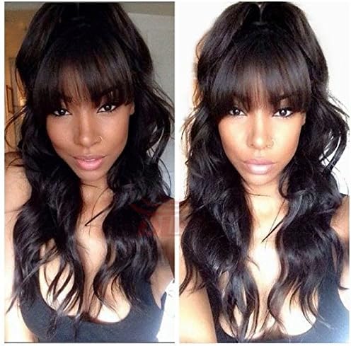 Glueless #1b Hair Color Brazilian Hair Natural Wave Lace Front Human Hair Wig with Bangs for Black Women 14inch