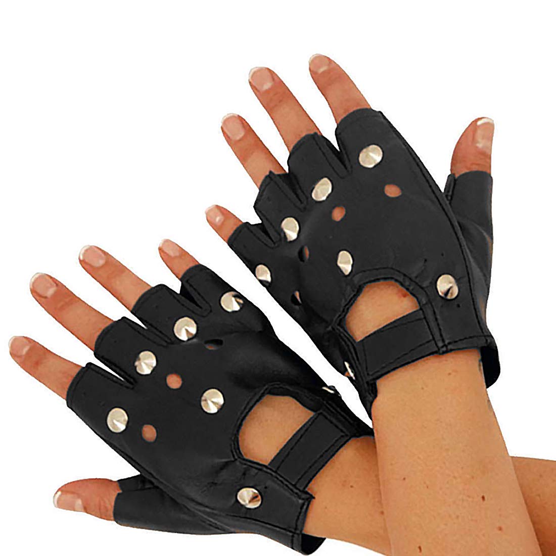 ILOVEFANCYDRESS BLACK STUDDED GLOVES FAUX LEATHER PERFECT FOR GOTH PUNK BIKER GANG 1980S 80S ROCK STAR POP STAR