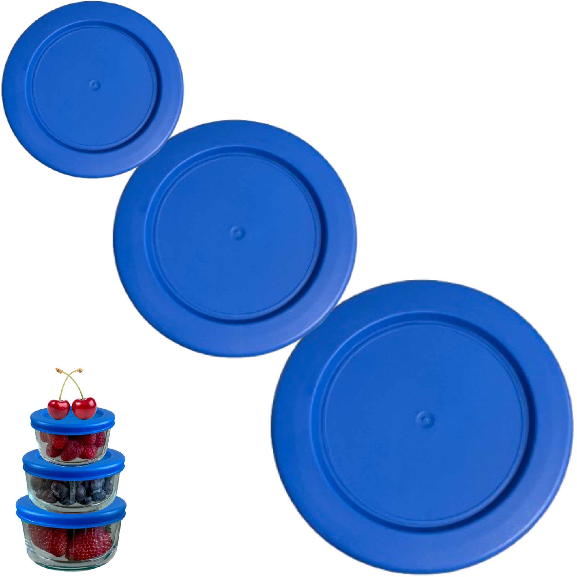 Photo 1 of 2, 4 & 7 Cup Blue Replacement Lids/Covers for Pyrex, Anchor Hocking & KlareWare Storage Bowls *Lids Only Glass Container Not Included* (3 Pack *One of Each Size*)