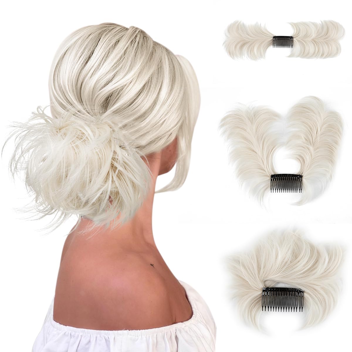 Photo 1 of YOUNGWAYS Messy Bun Hair Piece Side Comb Clip in Hair Bun Hairpiece for Women Short Natural Straight Versatile Adjustable Styles Easy Hair pieces (White Blonde-S)