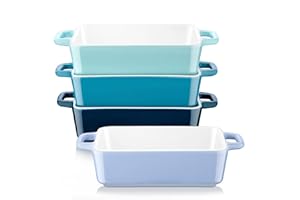 LOVECASA Ramekins for Baking, 7 Oz Creme Brulee Ramekins, Porcelain Souffle Dish Ramekins Oven Safe, Round Tart Pan Mini Fluted Quiche Dishes, Set of 4 (Blue/Rectangle)