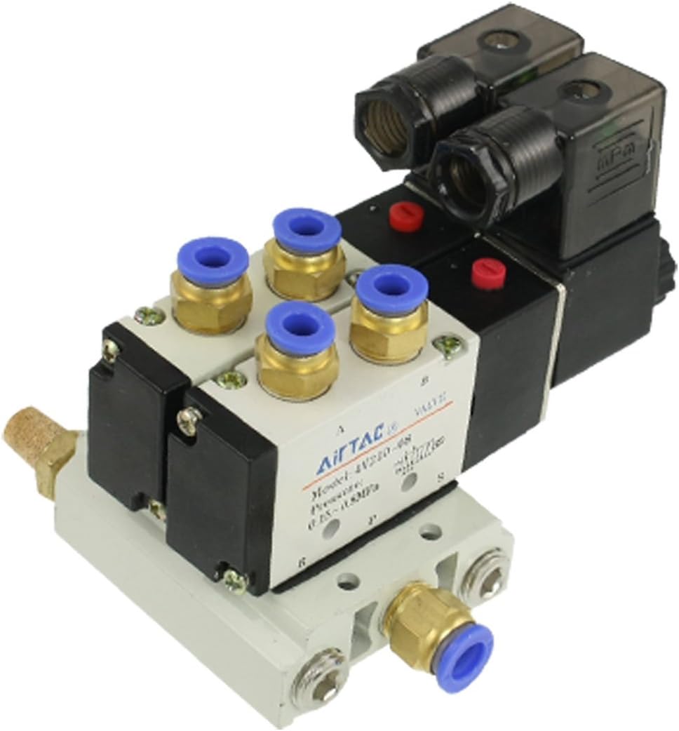 BestTong 4V210-08 DC 12V Single Head 2 Position 5 Way Pneumatic Solenoid Valve Base Muffler Quick Fittings Set
