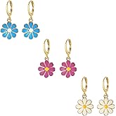 3 Pairs Daisy Huggie Hoop Earrings for Women Flower Dangle Drop Earrings Hypoallergenic Cute Sunflower Jewelry Gifts White Hot Pink Blue