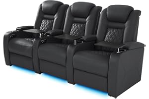 soothroom Home Theater Seating, Top Grain Leather Power Recliner Chair Dual Motors, Adjustable Headrest & 7-Color Ambient Lighting, Memory Function with Tray Table