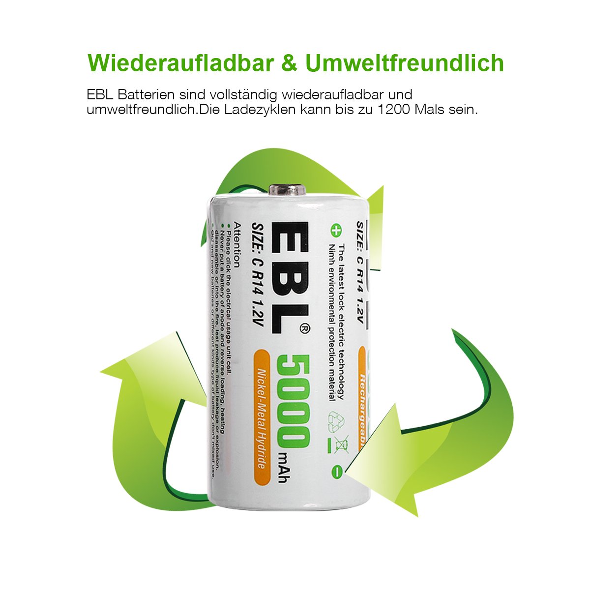 EBL 5000mAh Baby C Akkus mit hoher Kapazität Ni-MH wiederaufladbare Akkus 4 Stück