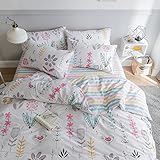 HIGHBUY Floral Printed Bedding Sets Queen Duvet Cover Girls Cotton Comforter Cover Full Size Fresh Garden Design Reversible Striped Bedding Sets 3 Piece Full Bed Comforter Cover Duvet Cover Set