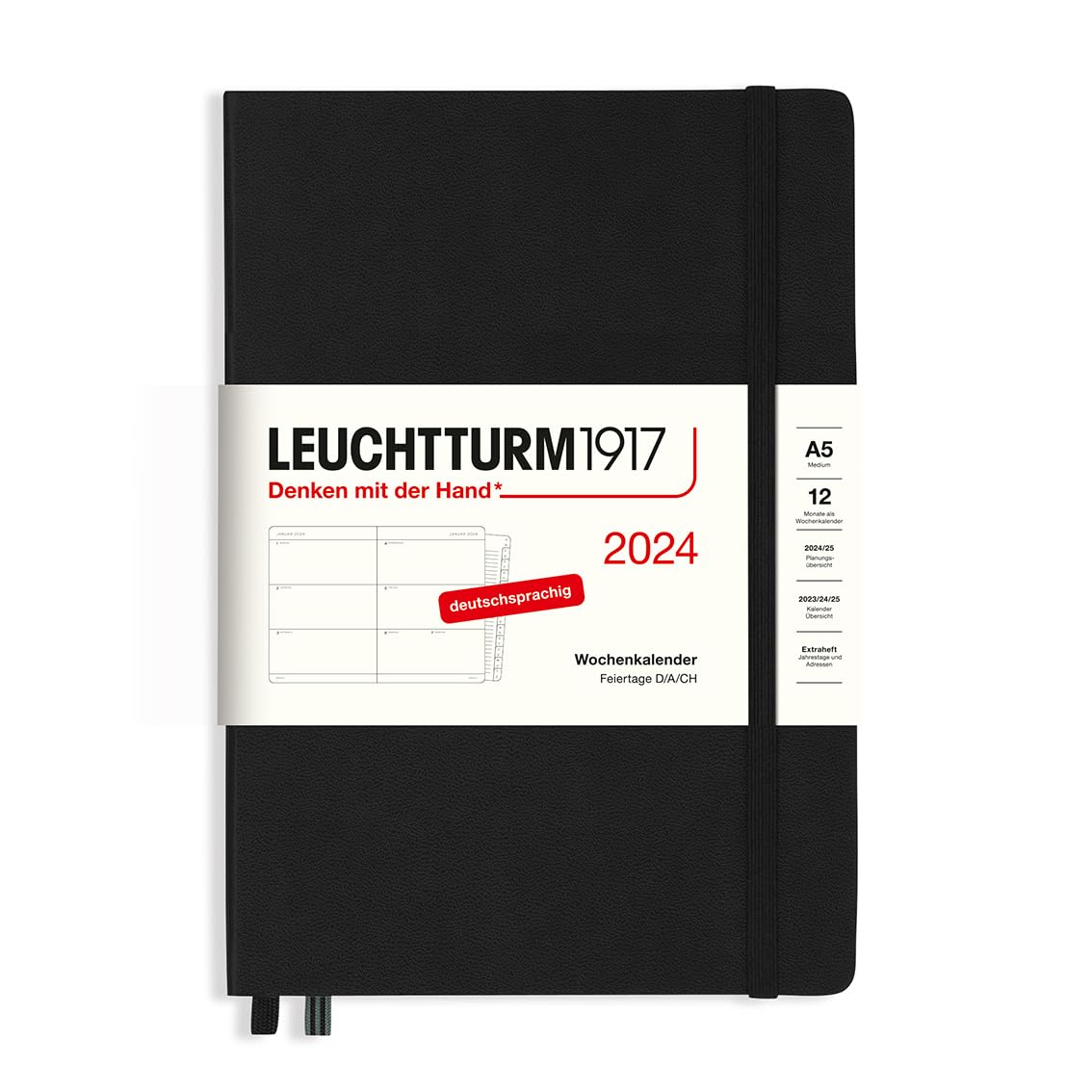 LEUCHTTURM1917 367621 Weekly Planner Medium (A5) 2024 with Extra Book for Addresses and Anniversaries, Black, German, 12 Months
