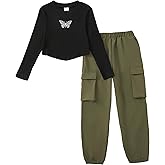 YOURUIKEY Tween Teen Girls Trendy Preppy Clothes Fall Winter Outfits Long Sleeve Crop Top Cargo Pants Clothing Set Size 7-16