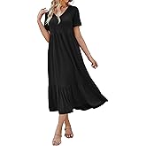 Women's 2026 Summer Short Sleeve V Neck Swing Dress Flowy Tiered Maxi Beach Sundress with Pockets