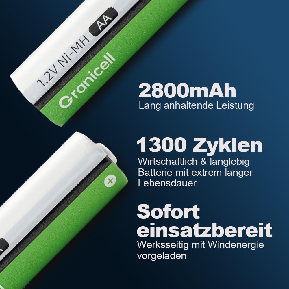 Granicell Akku AA Wiederaufladbare Batterien 2800 mAh Akkubatterien Hohe Kapazität 1500 Zyklen, 1.2V NiMH Aufladbare Batterien AA, 12er Pack 3