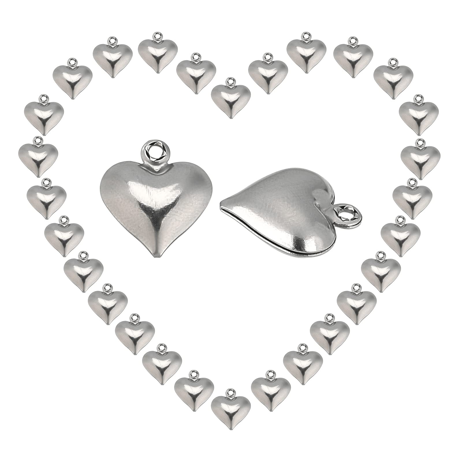 SUNNYCLUE 1 Box 100Pcs Valentines Day Mother's Day Silver Heart Charms Stainless Steel Heart Shaped Love Pendants Bulk 3D Metal Beads for Jewellery Making Charms DIY Gifts Wedding Bracelet Necklace — image 1