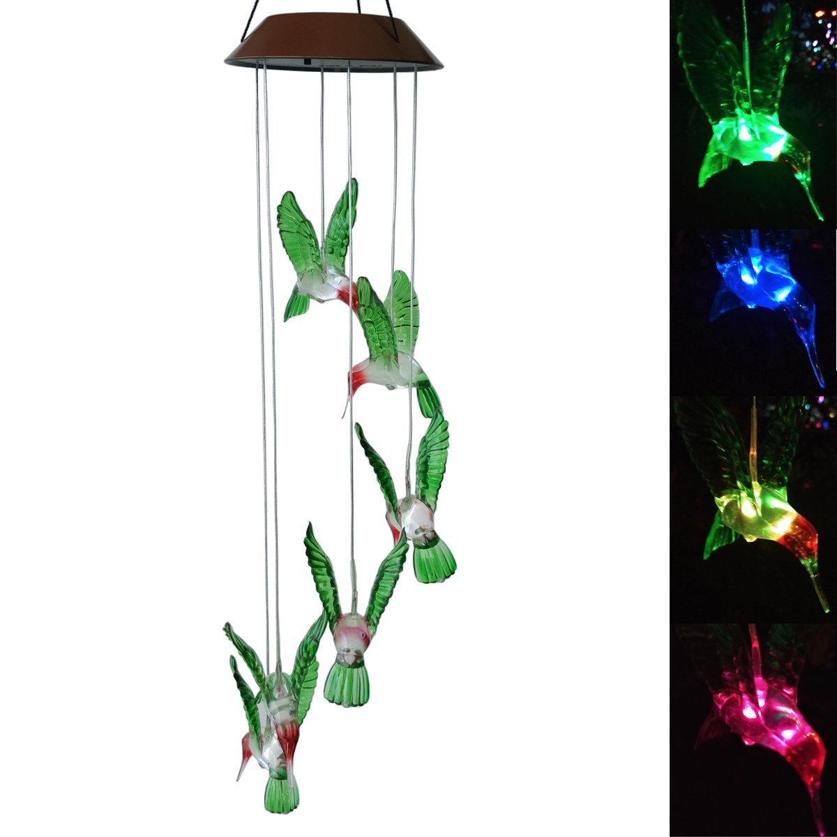 MEIO Color-Changing LED Solar Mobile Wind Chime LED Changing Light Color Waterproof Six Hummingbird Wind Chimes For Home Party Night Garden Decoration