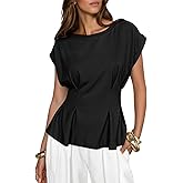 Cicy Bell Womens Peplum Tops Summer Babydoll Cap Sleeve T-Shirts Dressy Casual Crew Neck Pleated Blouses