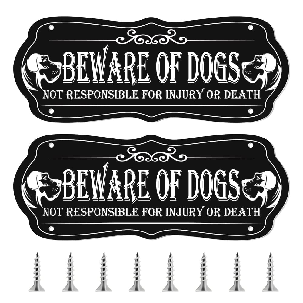 2 Pieces Beware of Dogs Sign for Fence, 9 x 3.5 Inch Dog in Yard Keep Gate Closed Sign Metal, Warning Dog Sign with Screws for Lawn, Fence, Garden