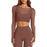 LASLULU Mesh Long Sleeve Crop Tops for Women Double Lined Workout Athletic Gym Shirts Cropped Tops with Built in Bra