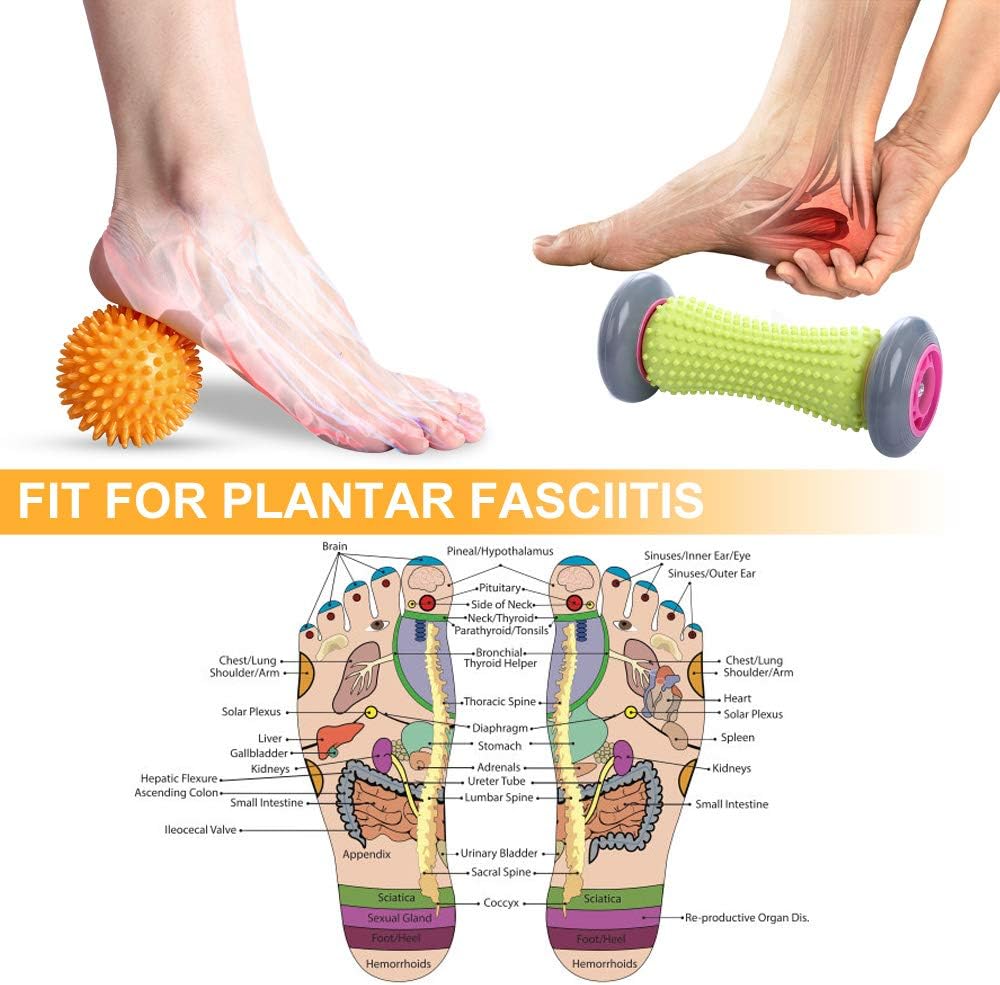 Foot Roller Massage Ball for Relief Plantar Fasciitis and Reflexology Massager for Deep Tissue Acupresssure Recovery for PLA Relax Foot Back Leg Hand Tight Muscle, 1 roller and 2 Spiky Balls: Health & Personal Care