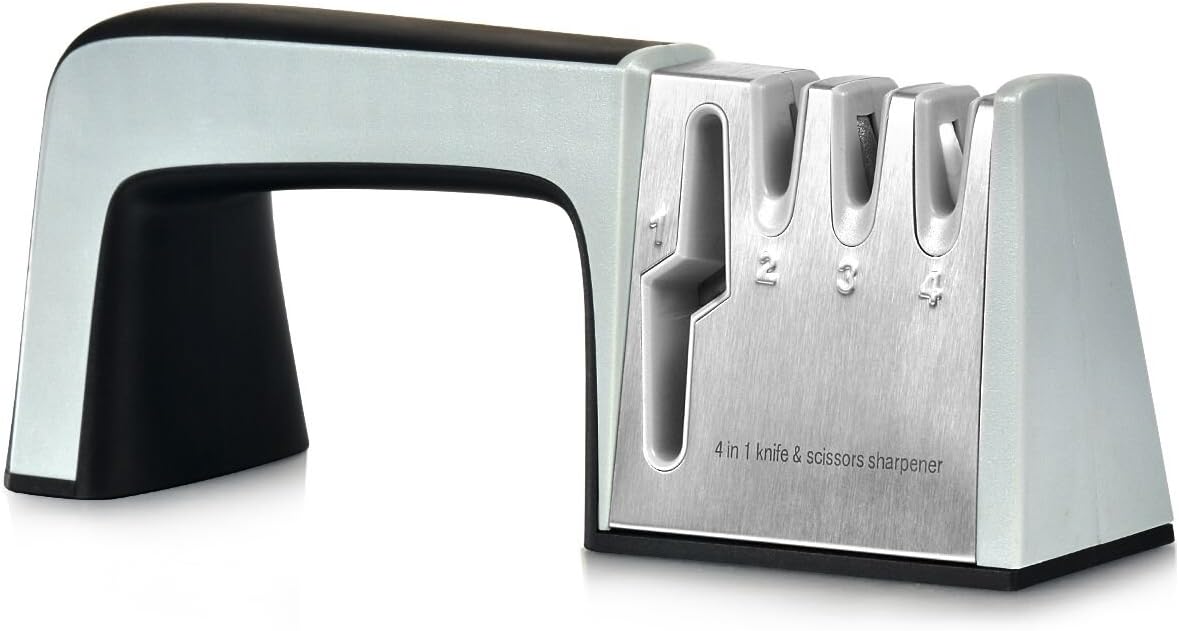 Upgraded Knife Sharpener for Straight Knives, Professional 4-Stage Diamond Coated Wheel System with Scissors Sharpen Stage, Sharpens Dull Knives Ceramic Quickly, Safe and Easy to Use