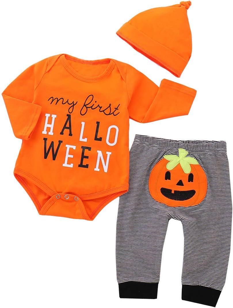 Afocuz Halloween Costumes Pumpkin Long Sleeve Outfits Set Newborn Baby Boys Girls Clothes My First Halloween