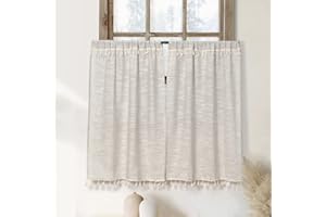 OINDEC Boho Tassel Kitchen Curtains 36 Inch Length Modern Farmhouse Cotton Linen Short Cafe Curtains for Bathroom Small Window Country Rustic Tiers Bohemian Decor (26W x 36L, 2 Panels, Natural)