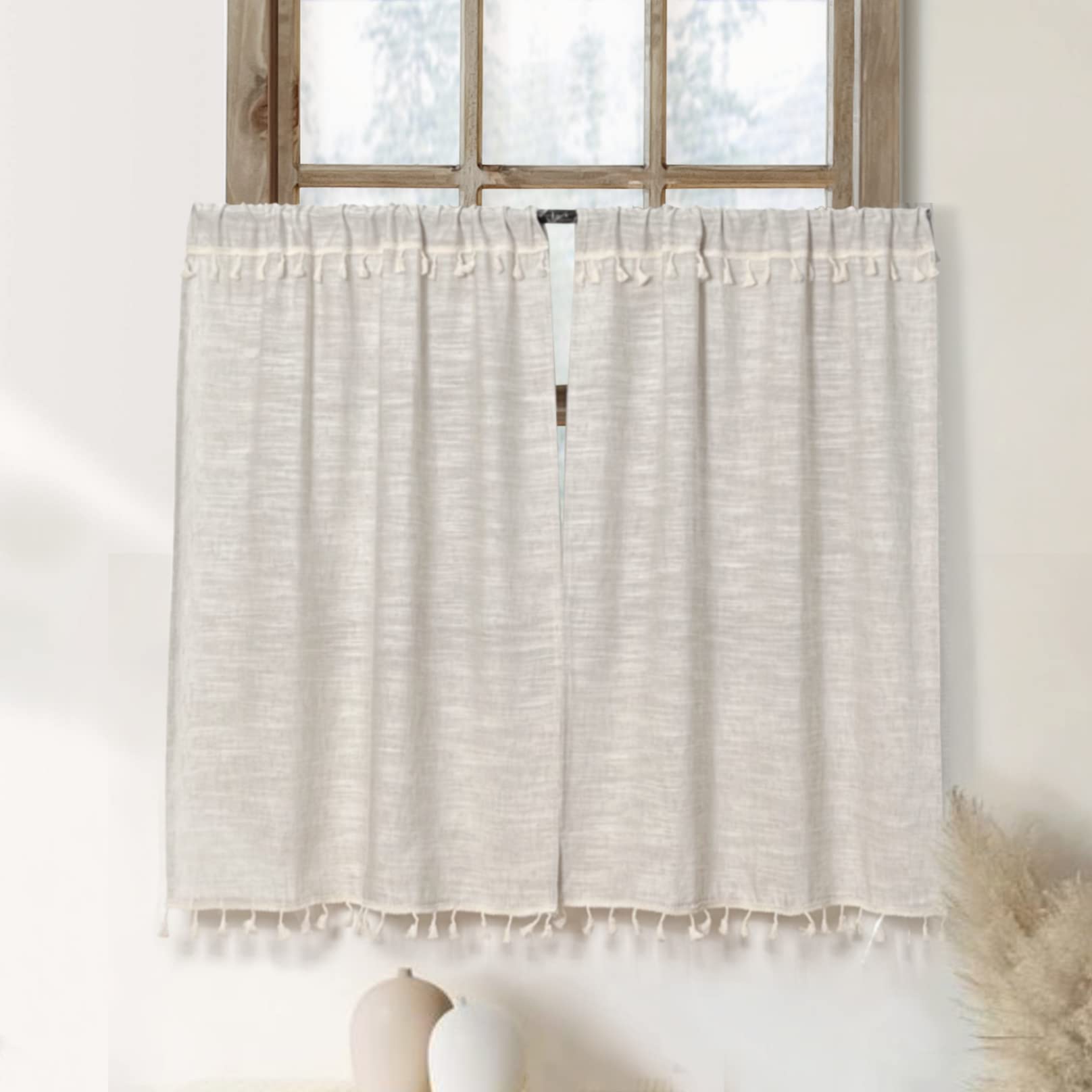 Photo 1 of Boho Tassel Kitchen Curtains 36 Inch Length Modern Farmhouse Cotton Linen Short Cafe Curtains for Bathroom Small Window Country Rustic Tiers Bohemian Decor (26W x 36L, 2 Panels, Natural)