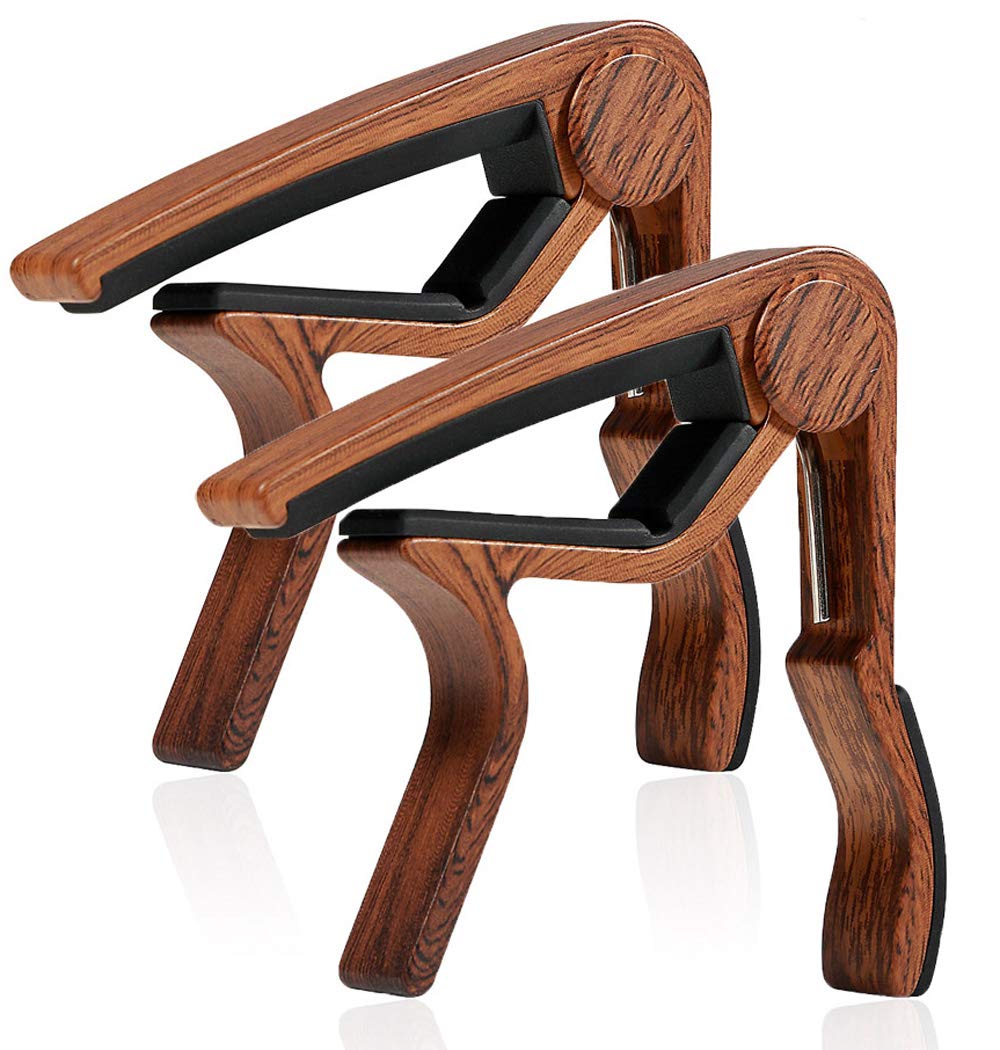 WINGO Wooden Guitar Capo, 6 String Acoustic Guitar & Electric Guitar Accessories -for Ukulele, Bass (Dark-wood color, 2 Pack)