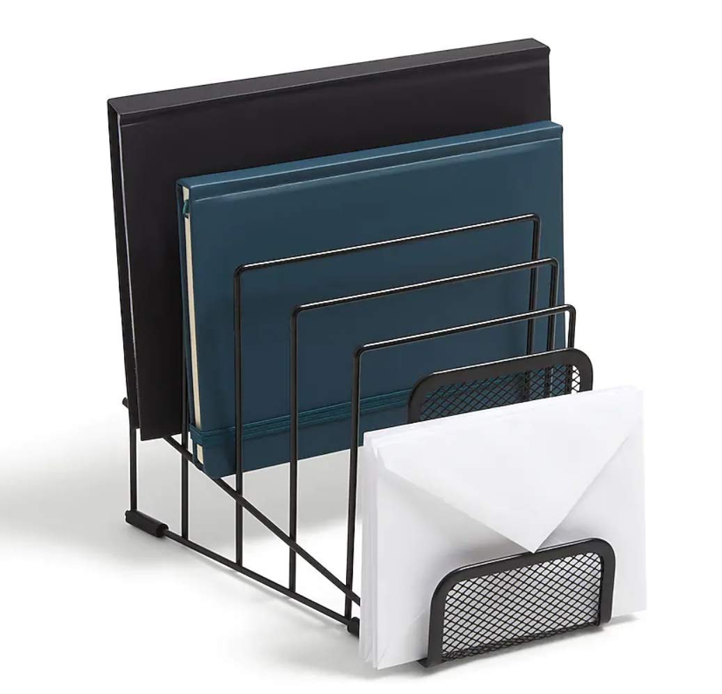 1InTheOffice Metal Incline Desktop File Sorter, Black Wire Mesh Step Sorter, 6 Compartments