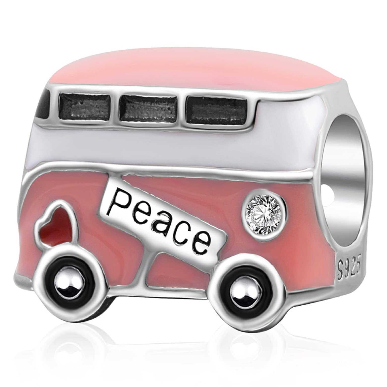 Pink Enamel Peace Bus Charms, Fit Pandora Travel Bracelet, 925 Sterling Silver Mini London Double Decker Bus Beads, Gift for Valentines Day/Back to School/Boy/Girl