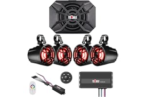NOAM NUTV5-S QUAD - Marine ATV/Golf Cart/UTV Stereo System kit – with 4 Waterproof LED Light Tower Speakers, Subwoofer, Weatherproof Controller with Bluetooth and AUX Input and Four Channels Amplifier