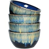 Bosmarlin Stoneware Cereal Bowls Set of 4, 26 Oz, Blue Soup Bowls for Oatmeal, Salad, Dishwasher and Microwave Safe, Reactive Glaze (26 Oz, Deep Blue)