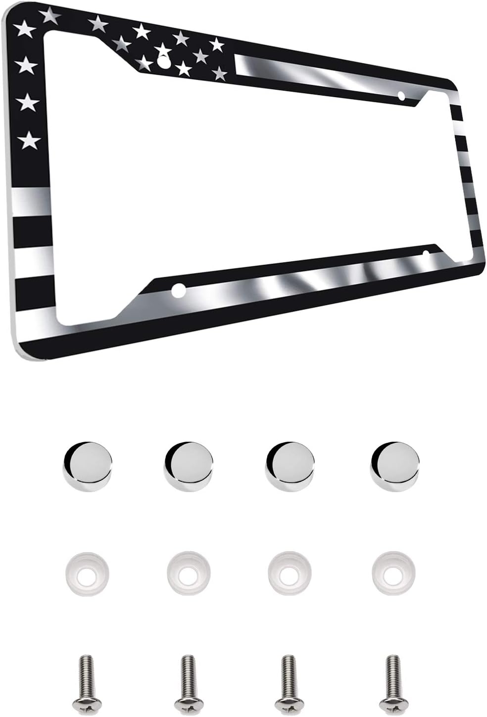 JDL Autoworks Stainless Steel USA Flag License Plate Frame | Metal Waving Black Silver American Flag License Plate Holder Cover with Hardware | Cool for US Car, SUV or Truck