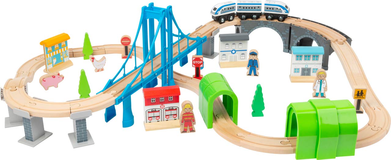 Small Foot 11492 Wooden Toy Train Bridge Building, Made of Wood, with Suspension Bridge and Tunnels, a Play World On Two Levels