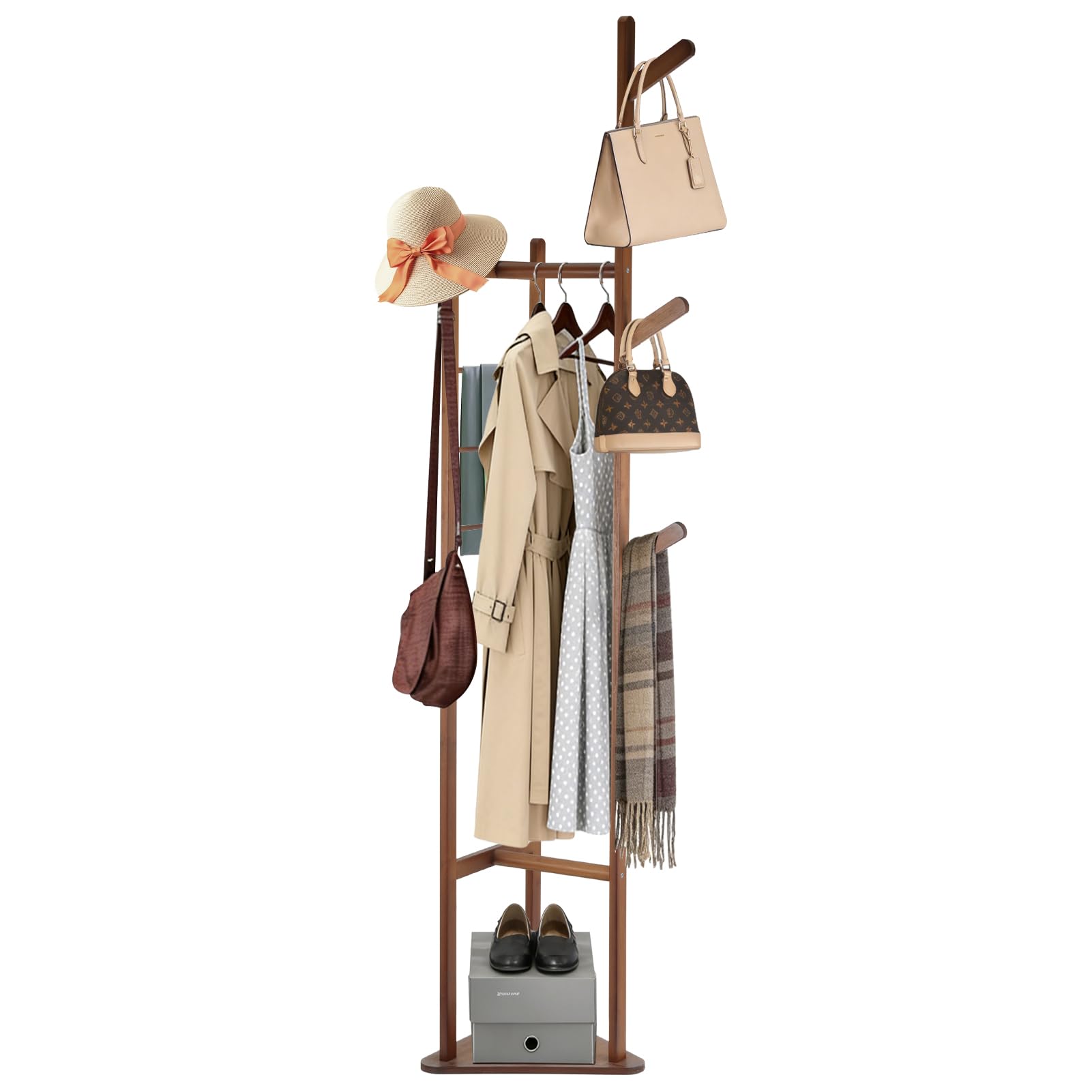 Photo 1 of AIHSUMC Multifunctional Coat Rack with Three Main Rods, Solid Bamboo Coat Tree with Top Hanging Bar & Shoe Base, Heavy Duty Clothes Rack for Coats Jackets Suits, Easy Assembly, Natural Wood