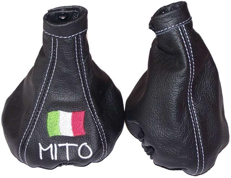 The Tuning-Shop Ltd For Alfa Romeo Mito 2008-2014 Shift & E Brake Boot Black Italian Leather White Mito Logo Embroidery