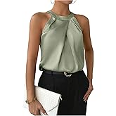 SweatyRocks Women's Pleated Halter Sleeveless Satin Blouse Keyhole Back Tank Top