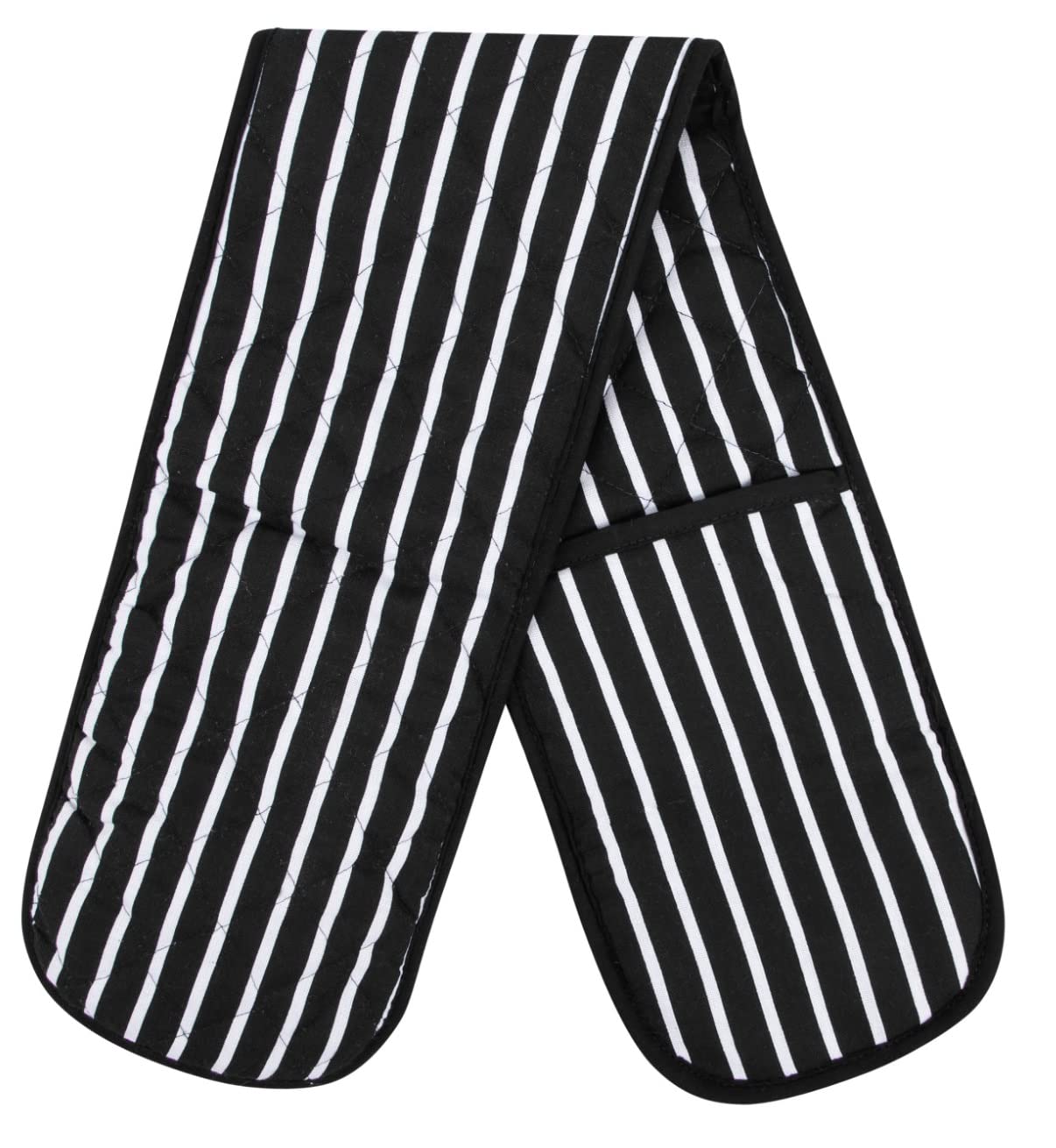 Black Double Oven Gloves Heat Resistant Oven Mitts for Home Kitchen Baking and Cooking, Butchers Stripe Pot Pan Tray Double Oven Gloves, Heavy Duty Cooking Oven Gloves (Black)