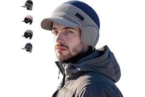 Windproof Thermal Cap with Visor, Cozy & Style, Fleece Lined Men's Winter Knitted Earflap Hat for Outdoor Sports.